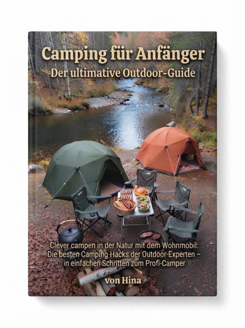 Camping für Anfänger Buch-Cover mit Campingplatz am Fluss und Zelten