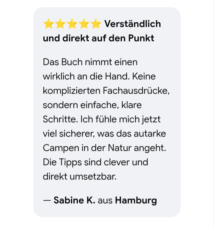 Fünf-Sterne-Kundenbewertung von Sabine K. aus Hamburg zur Camping- & Wohnmobil-Checkliste