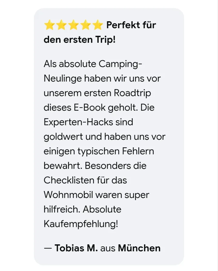Fünf-Sterne-Kundenbewertung von Tobias M. aus München zur Camping- & Wohnmobil-Checkliste