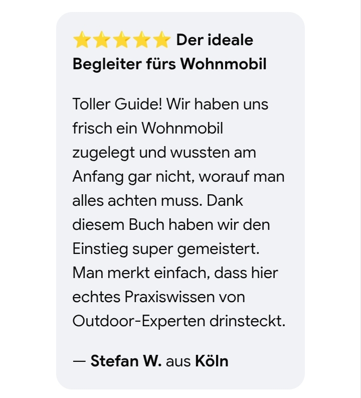 Fünf-Sterne-Kundenbewertung von Stefan W. aus Köln zur Camping- & Wohnmobil-Checkliste