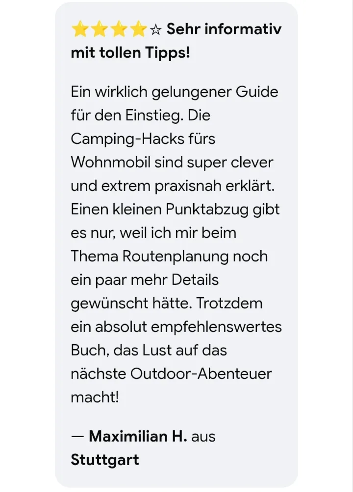 Fünf-Sterne Kundenbewertung für Camping für Anfänger von Maximilian H.