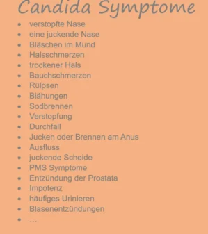 Infografik mit Symptomen einer Candida-Infektion auf pfirsichfarbenem Hintergrund