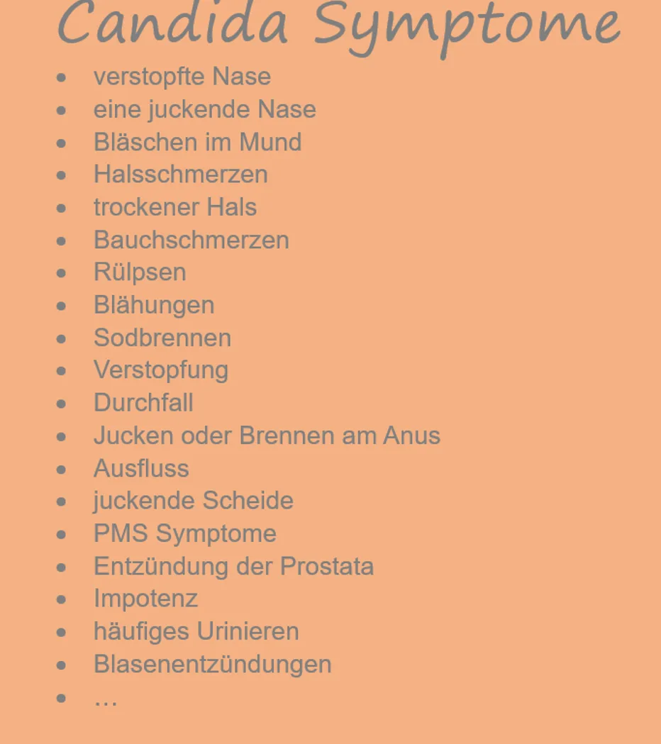 Candida und andere Pilzinfektionen – Videokurs zu Mykosen 1 Infografik mit Symptomen einer Candida-Infektion auf pfirsichfarbenem Hintergrund