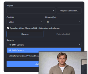 CaptureStudio Screenshot mit Aufnahmeeinstellungen und Kameraauswahl