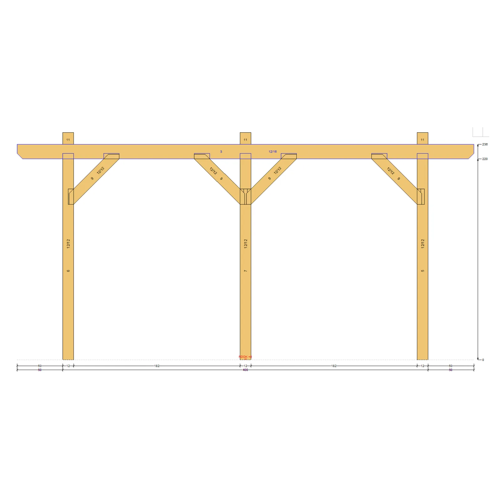 Seitenansicht Carport mit Bemaßung, 270 cm Breite und Sparrenkonstruktion