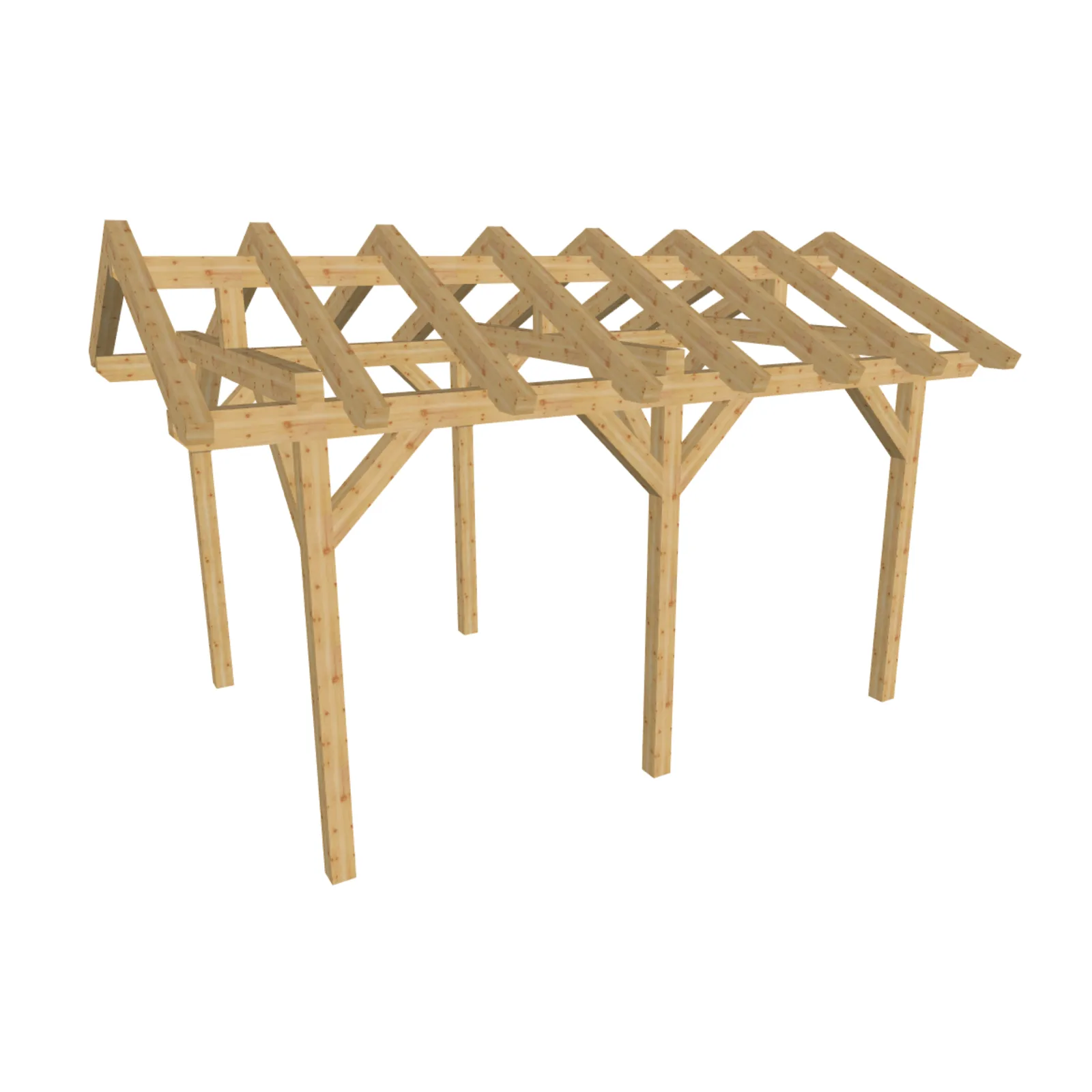 Holzkonstruktion Carport mit Satteldach, 3D-Ansicht der Dachstruktur und Sparren