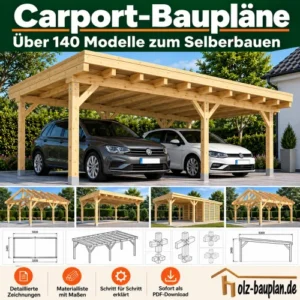 Cover E-Book Carport-Baupläne mit zwei parkenden Autos unter Holz-Carport und verschiedenen Modellvarianten
