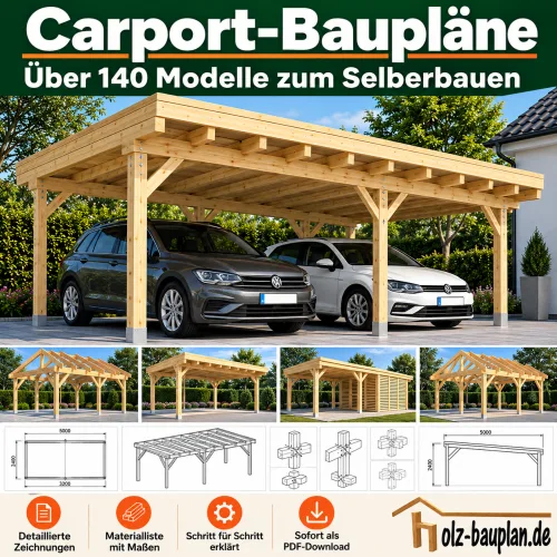Cover E-Book Carport-Baupläne mit zwei parkenden Autos unter Holz-Carport und verschiedenen Modellvarianten