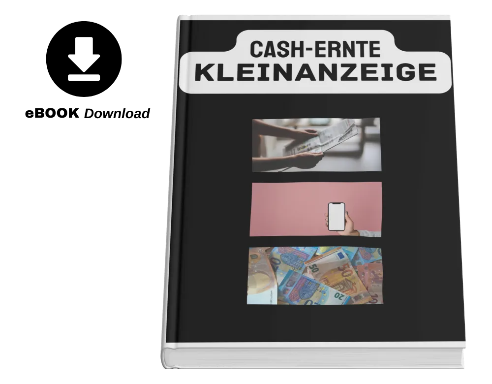 E-Book-Cover Cash-Ernte Kleinanzeige mit Download-Symbol, schwarzem Design und Geldscheinen