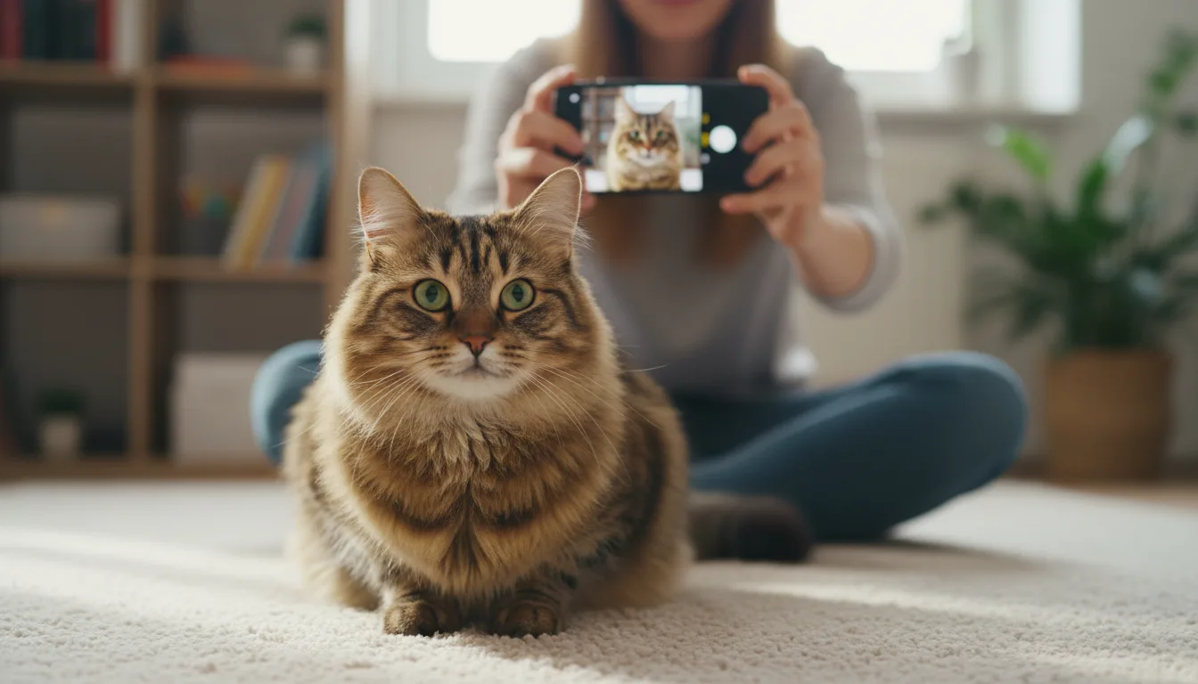 Frau fotografiert Katze mit Smartphone auf Sofa