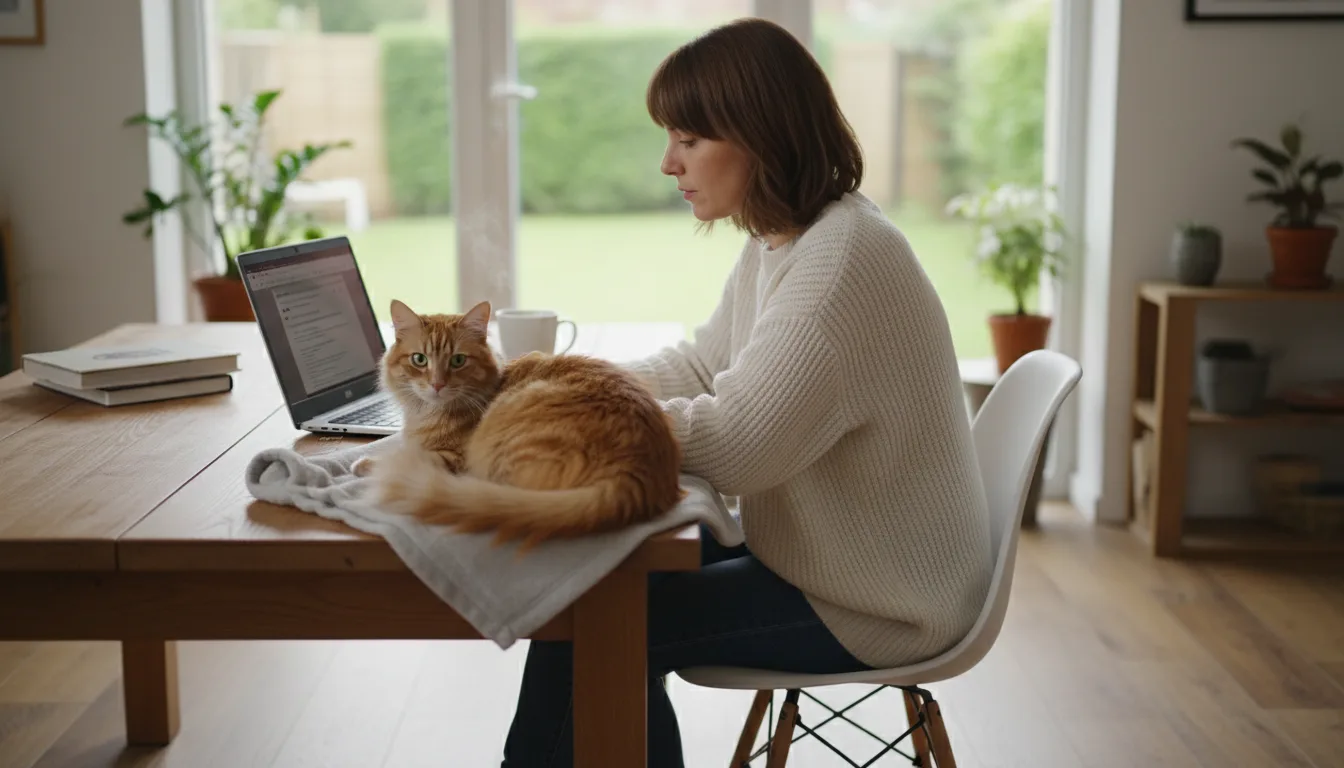 Frau arbeitet am Laptop mit Katze auf dem Schreibtisch