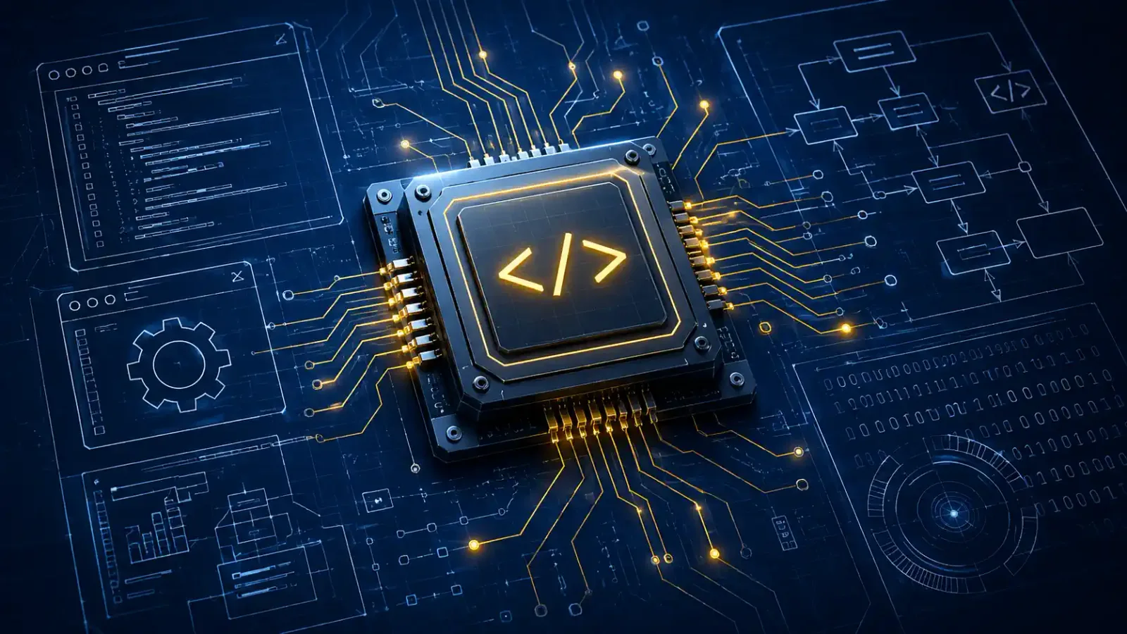 Mikrochip mit Code-Symbol umgeben von Schaltplänen und Software-Icons auf blauem technischem Hintergrund