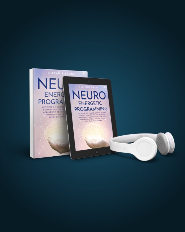 Neuro Energetic Programming Buch in Print und Digital-Version mit weißen Kopfhörern auf dunkelblauem Hintergrund
