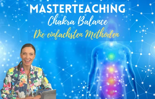 Kompaktes Banner Masterteaching Chakra Balance mit Kursleiterin und Chakra-Grafik