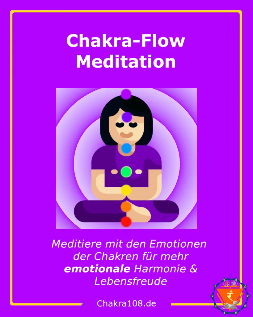 Chakra-Flow Meditation Kurscover mit meditierender Frau und farbigen Chakren-Punkten auf violettem Hintergrund