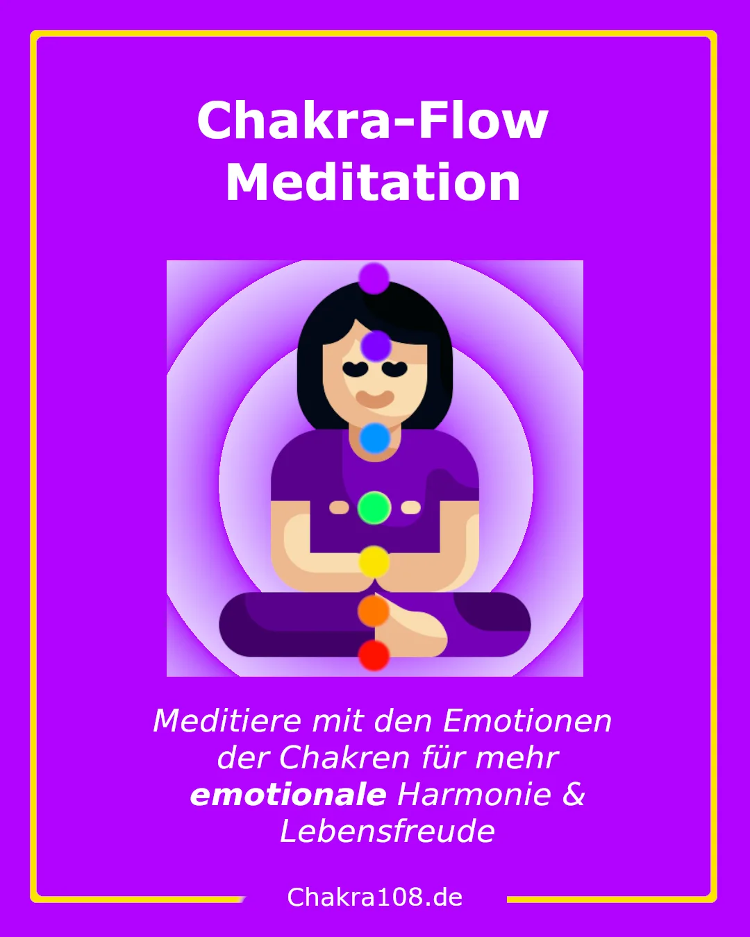 Chakra-Flow Meditation Kurscover Hochformat mit meditierender Frau und sieben bunten Chakren-Punkten