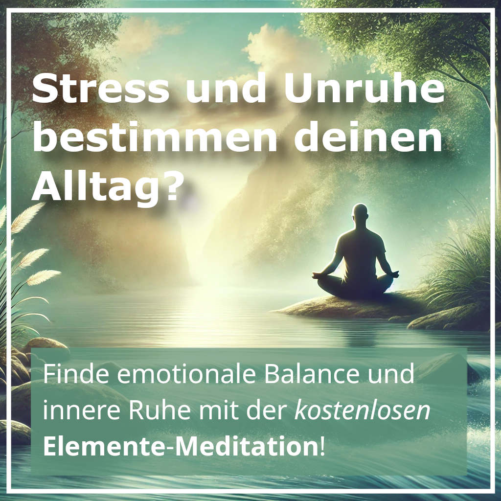 Yogi meditiert in Natur am Bach bei Sonnenaufgang zwischen Bäumen, mit Textoverlay zu Meditationskurs