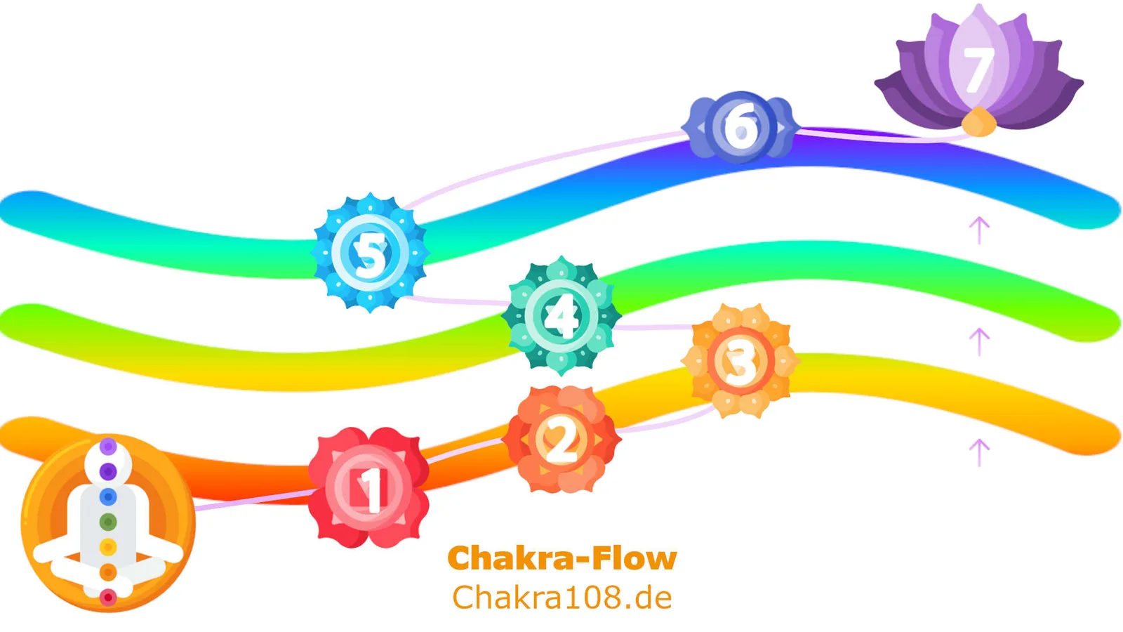Chakra-Flow Prozessdiagramm mit 7 bunten Chakren-Rädern und Farbverläufen von rot bis violett