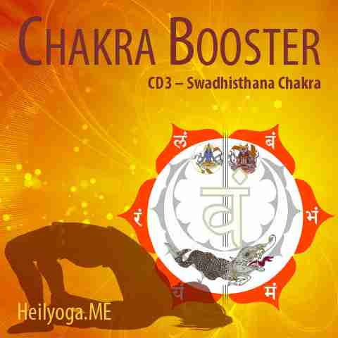Chakra Booster CD3 Swadhisthana Chakra Kurs-Cover ohne GIF-Kreis, mit rotem Chakra-Symbol und Yoga-Pose