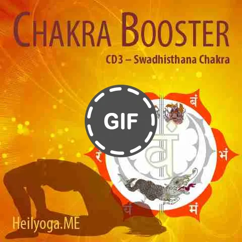 Chakra Booster CD3 Swadhisthana Chakra Cover mit orange-gelbem Hintergrund, rotem Chakra-Symbol und Yoga-Pose