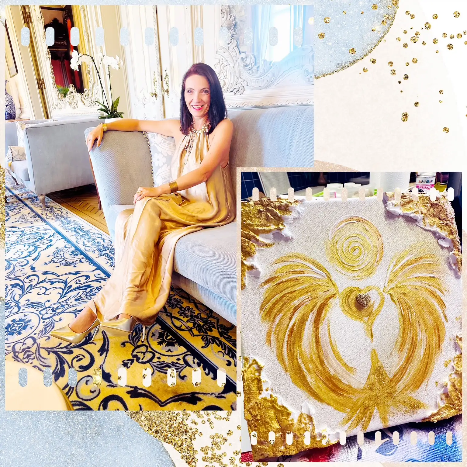 Carmen Duffner in goldener Robe auf Sessel mit Chakra-Malerei Detail