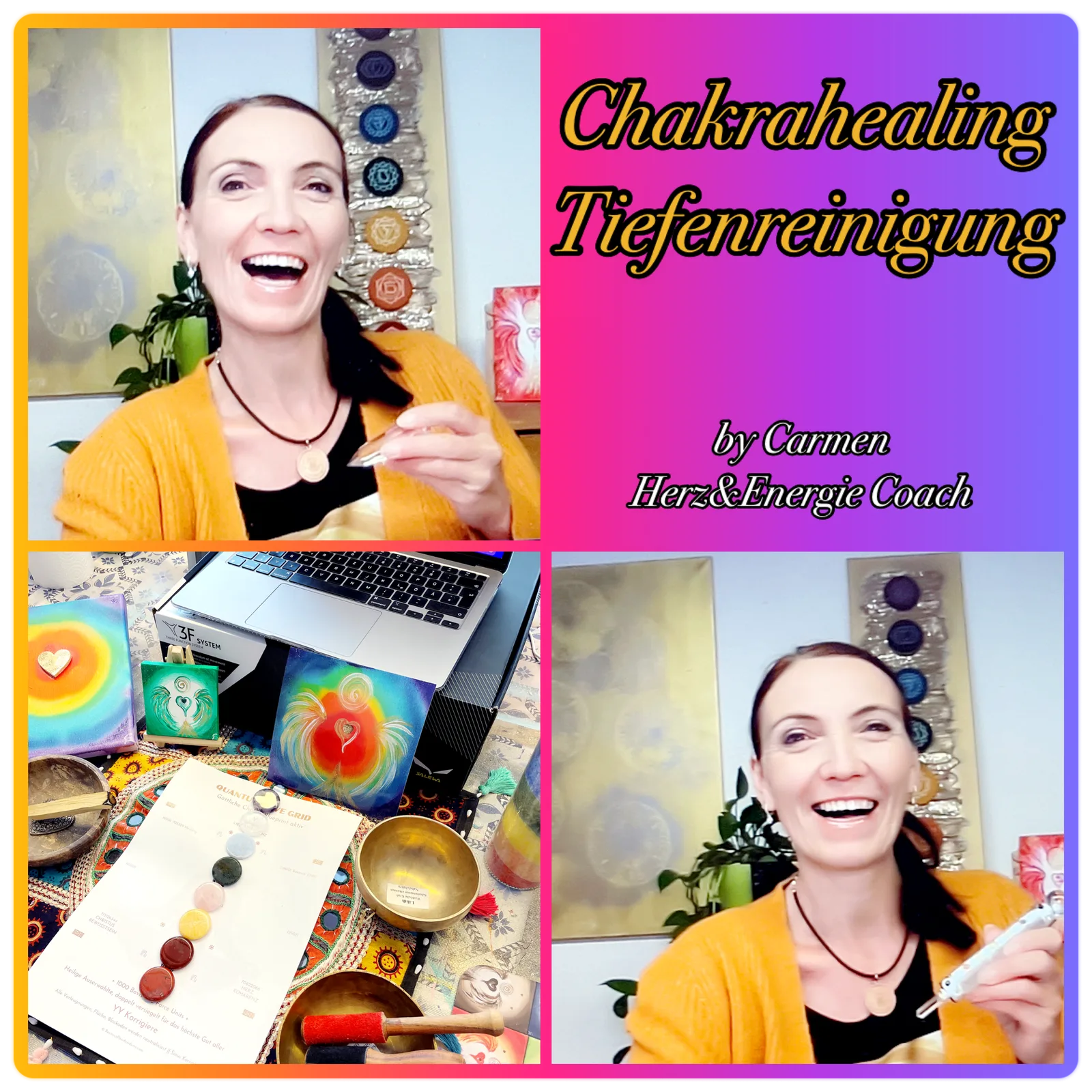 Hero-Bild mit Carmen Duffner und Chakra-Healing Tiefenreinigung Titel auf Farbverlauf-Hintergrund