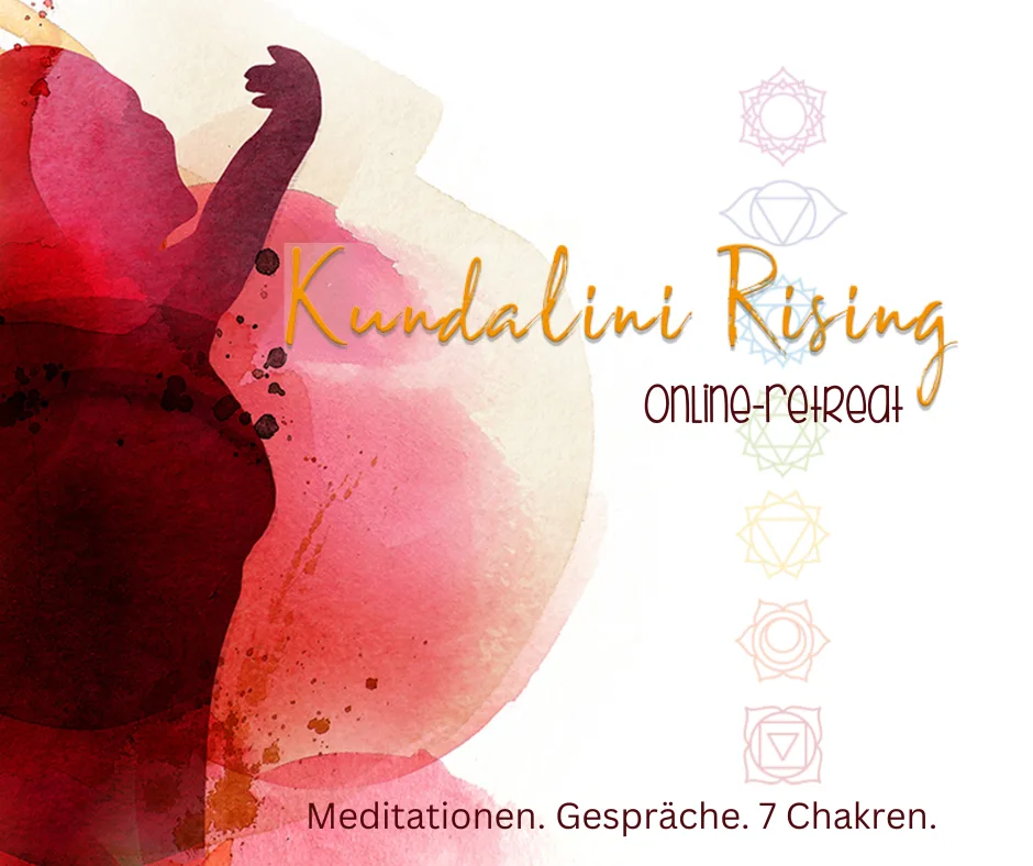 Chakrenbalance – Chakren-Videokurs von Kristina Frank 1 Kundalini Rising Online-Retreat Hero-Image mit roter Energiesilhouette und Chakren-Symbolen