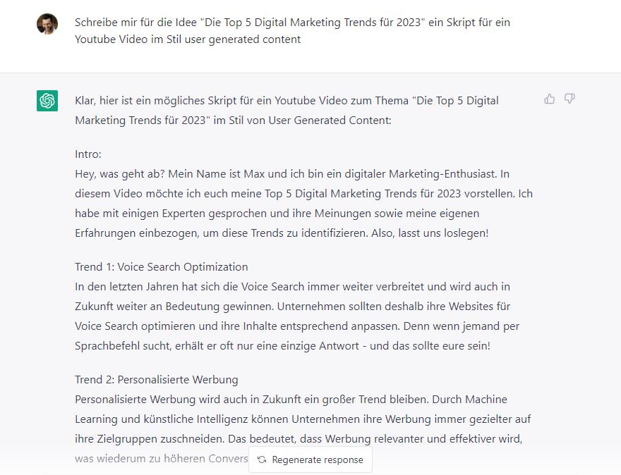 ChatGPT 121+64 Inspirationen + hochprofit. Dienstleistungen 3 ChatGPT-Screenshot mit Skript für YouTube-Video zu Digital Marketing Trends 2023