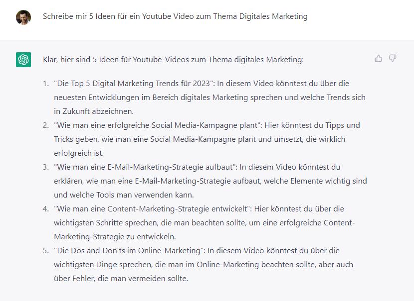 ChatGPT 121+64 Inspirationen + hochprofit. Dienstleistungen 2 ChatGPT-Screenshot mit fünf YouTube-Videoideen zum Thema Digitales Marketing