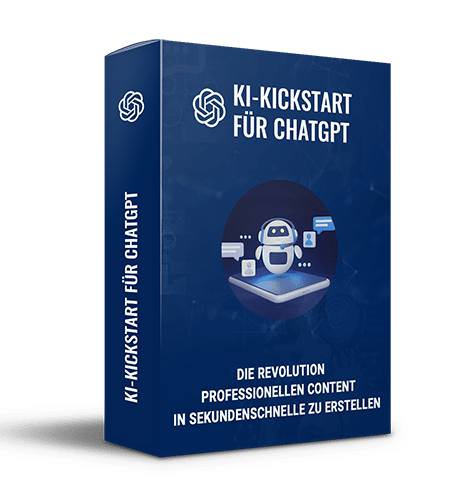 ChatGPT 121+64 Inspirationen + hochprofit. Dienstleistungen 4 3D-Verpackung KI-Kickstart für ChatGPT mit Roboter-Symbol und blauem Design