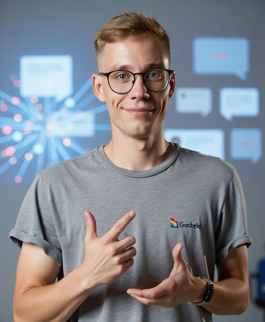 ChatGPT Anfängerkurs – Von 0 auf KI – Der perfekte Einstieg 7 Junger Mann mit Brille in grauem Gotbyla-Shirt zeigt Handgesten vor digitaler Hintergrund-Grafik