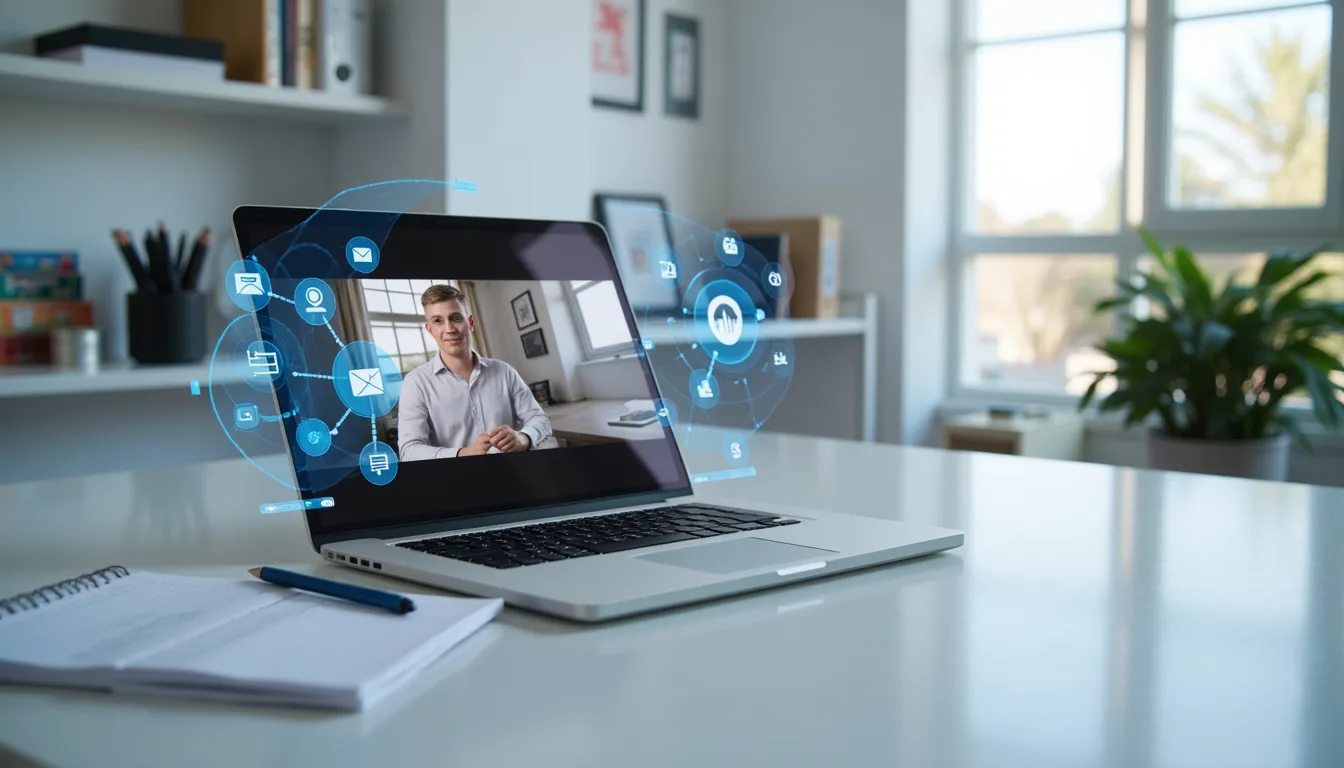 ChatGPT Anfängerkurs – Von 0 auf KI – Der perfekte Einstieg 5 Laptop auf Schreibtisch zeigt Videocall mit Mann, umgeben von digitalen Kommunikations-Icons