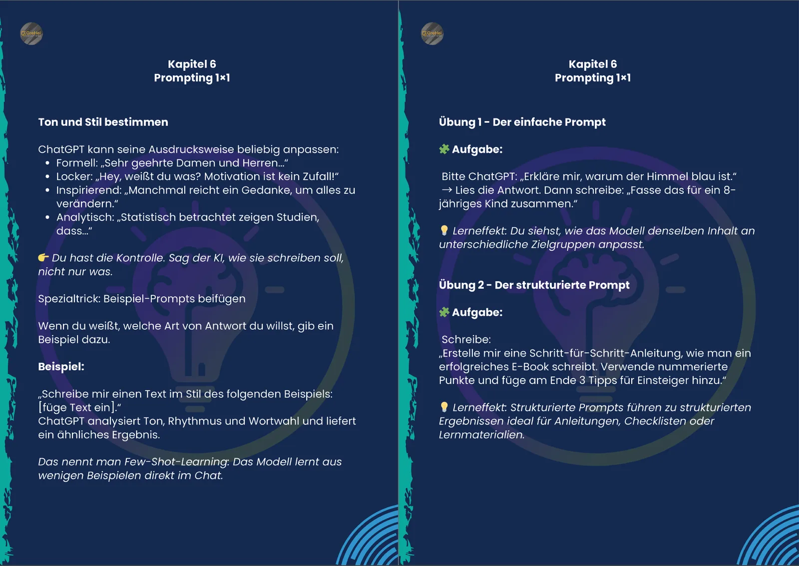 Handbuch Screenshot Kapitel 6 Prompting 1×1 mit Abschnitten Ton/Stil und Übungen zu einfachen und strukturierten Prompts