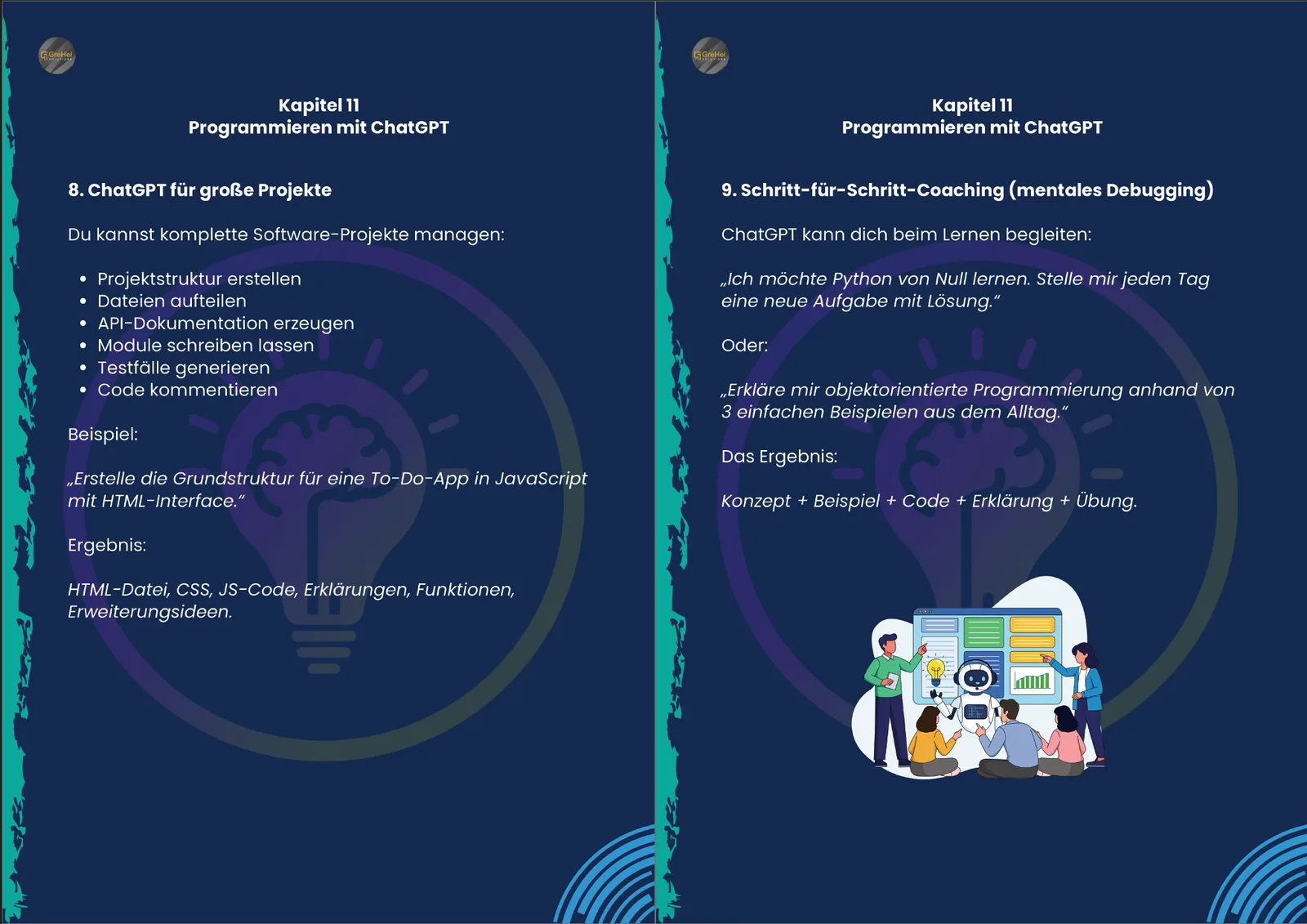 Handbuch Screenshot Kapitel 11 Programmieren mit ChatGPT, zwei Seiten mit Aufzählungslisten und Beispiel-Prompts