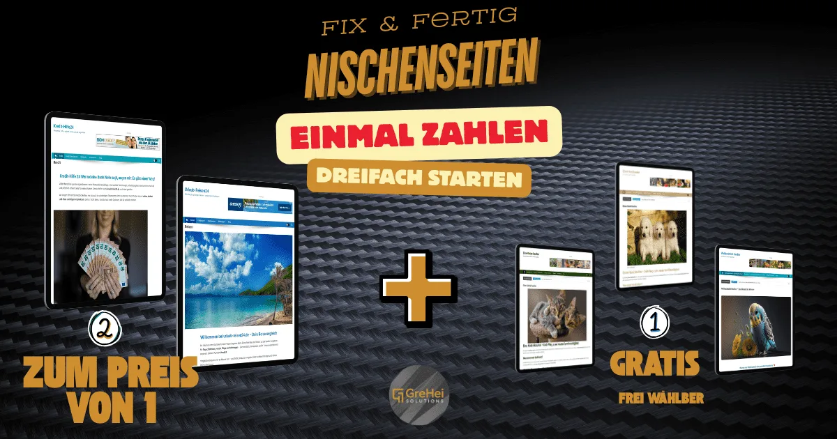 GreHei Solutions Nischenseiten Angebot Banner mit Website-Mockups und Aktionstext Einmal zahlen Dreifach starten