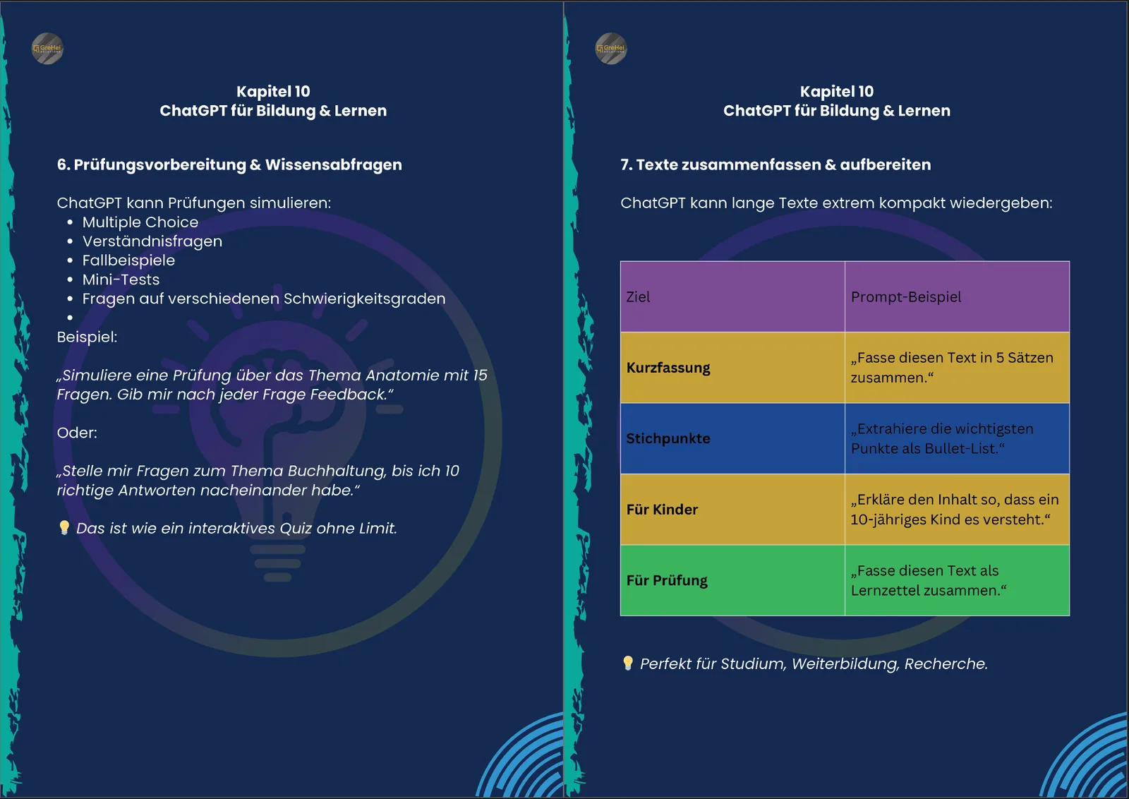 Handbuch Screenshot Kapitel 10 ChatGPT für Bildung & Lernen mit Tabellen zu Prüfungsvorbereitung und Textzusammenfassung