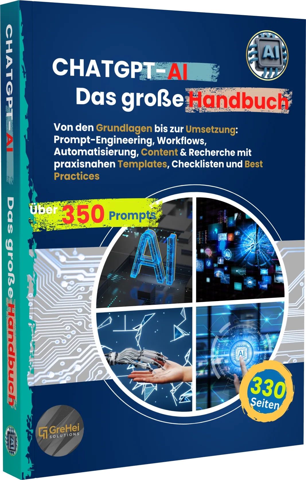 ChatGPT-KI Das große Handbuch Cover mit blauem Design, AI-Chip-Symbol und 350 Prompts Kennzeichnung