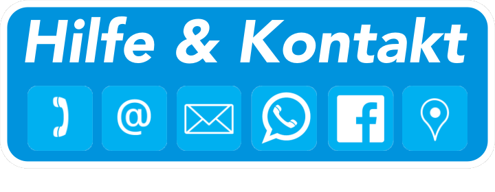 Kontakt-Banner mit Hilfe & Kontakt Überschrift und Icons für Telefon, E-Mail, Messenger, WhatsApp, Facebook und Standort