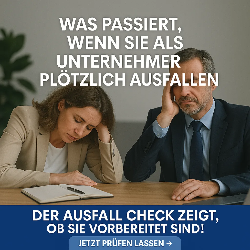 Ausfall-Check Teaser: Besorgter Mann und Frau am Tisch mit Text 'Was passiert, wenn Sie als Unternehmer plötzlich ausfallen –