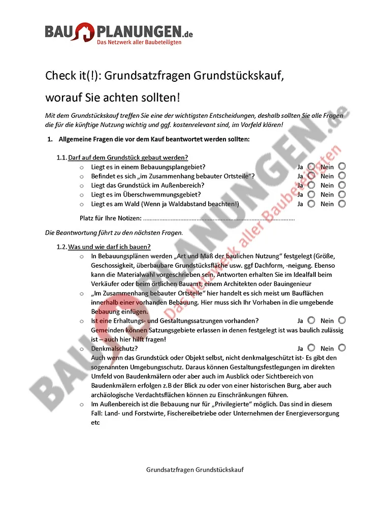 Checkliste Grundsatzfragen Grundstückskauf von Bauplanungen.de mit Fragen zu Bebauungsplan und Bauvorhaben