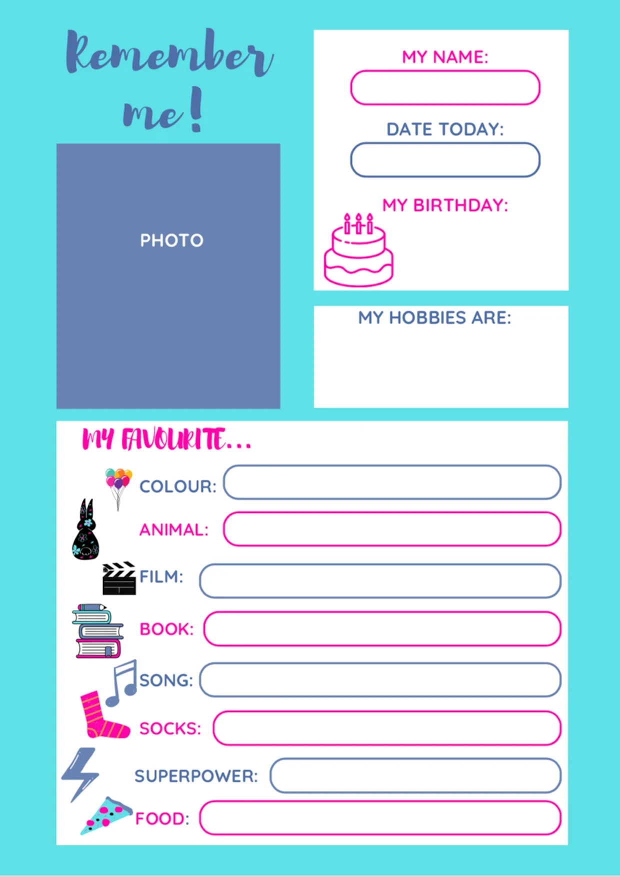 Remember Me Workbook Seite mit Foto-Platz und Lieblings-Favoriten-Ausfüllfeldern