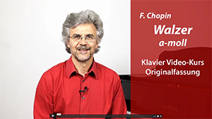 Franz Titscher im roten Hemd vor rotem Hintergrund mit Chopin Walzer a-moll Kurslogo
