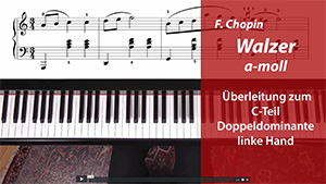 Notenblatt und Klaviatur mit Chopin Walzer a-moll Kurslogo und Anleitung zur Überleitung zum C-Teil mit Doppeldominate