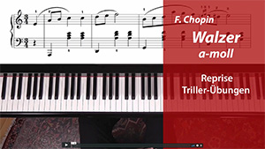 Notenblatt und Klaviatur mit Chopin Walzer a-moll Kurslogo und Hinweis auf Reprise und Triller-Übungen