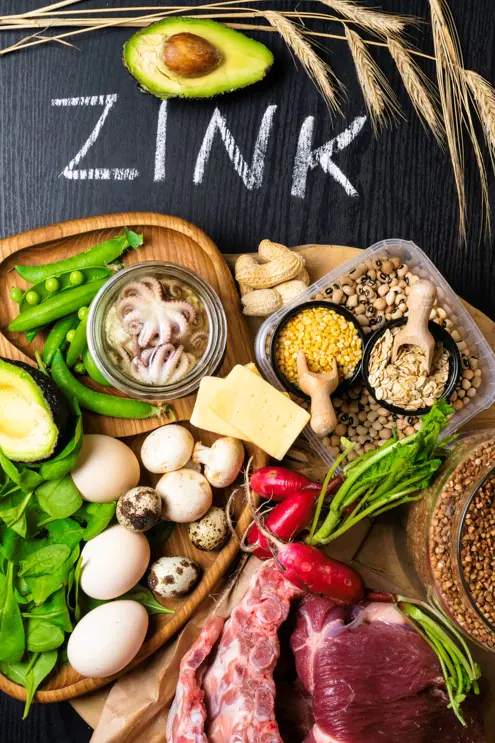 Chronisch gesund mit Vitalstoffpower – Videokurs über Vitalstoffe 10 Zink-reiche Lebensmittel auf Schiefertafel mit Schrift ZINK, Avocado, Eier, Fleisch, Käse, Gemüse