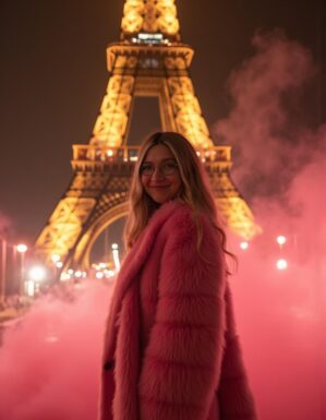 Julia Trost vor dem beleuchteten Eiffelturm in Paris, rosafarbene Atmosphäre, Porträt