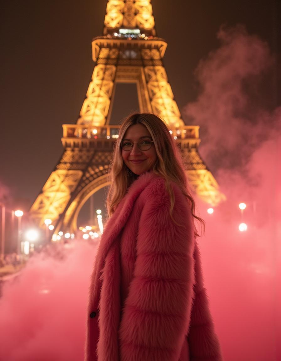 Julia Trost vor dem beleuchteten Eiffelturm in Paris, rosafarbene Atmosphäre, Porträt
