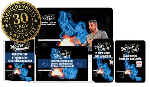 Claude Poweruser – Videokurs für KI-Prompting von Mario Burgard 5 Das Digikurswunder Produktbox mit 30-Tage-Garantie-Siegel und Mehrgeräte-Darstellung