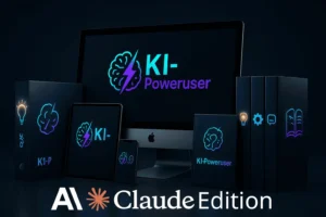 KI-Poweruser Logo auf Bildschirm mit verschiedenen Geräten und Claude Edition Branding