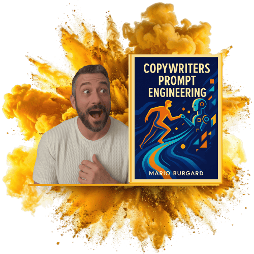 Claude Poweruser – Videokurs für KI-Prompting von Mario Burgard 4 Mann mit überraschtem Gesichtsausdruck neben Buch-Cover vor gelbem Explosion-Hintergrund